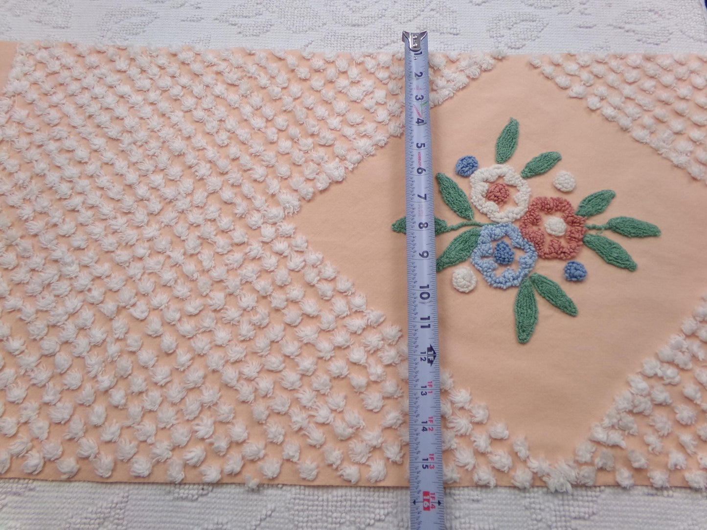 Peach Wildflower Vintage Chenille Bedspread Fabric, 15" x 33" Piece Sewing & Quilt Material