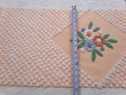 Peach Wildflower Vintage Chenille Bedspread Fabric, 15" x 33" Piece Sewing & Quilt Material