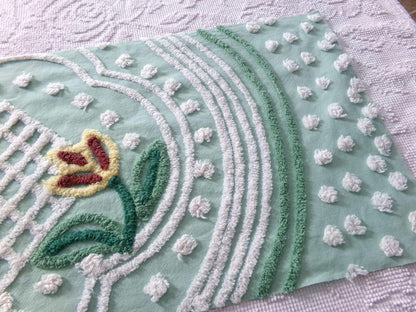 springtime tulip vintage chenille fabric, mint green floral cotton sewing material, 13" x 23" inch piece