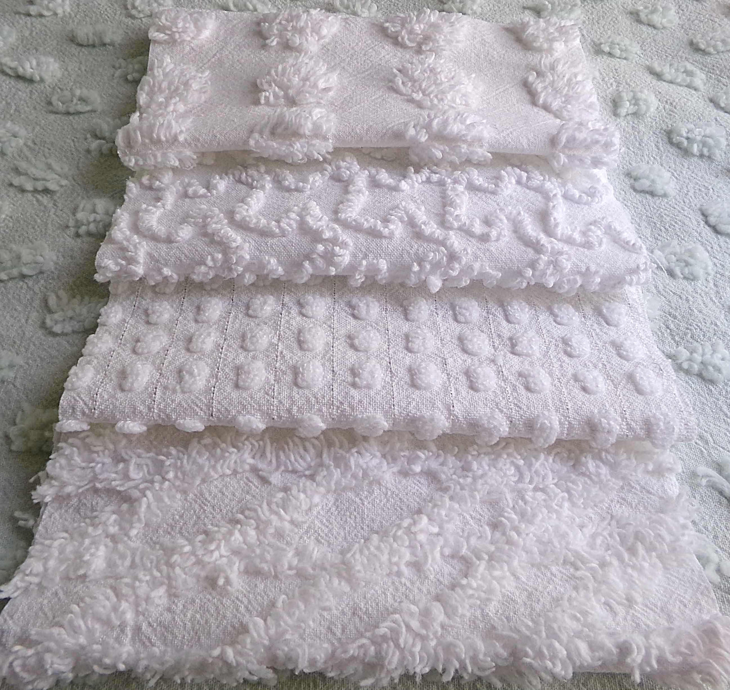 Silent Snowfall Vintage Chenille Fabric Squares, Set of 16 White 6" Cotton Chenille Quilt Blocks for crafting, sewing
