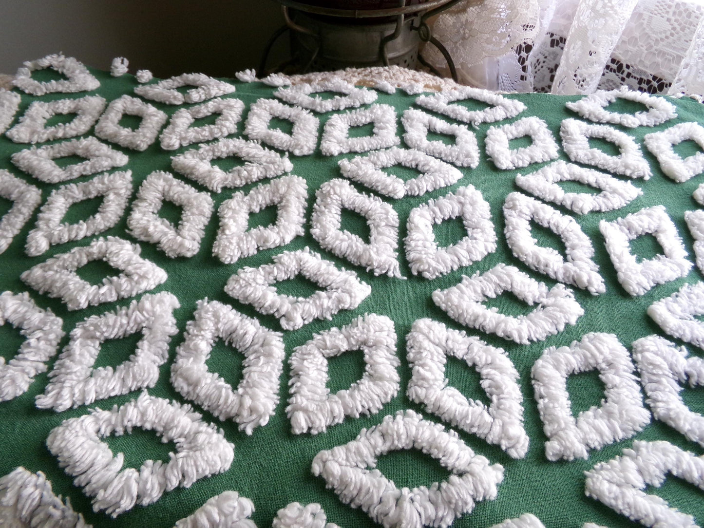 white snowflakes on rich green vintage chenille fabric, 18" x 25" inch piece of cotton sewing material for quilting & crafts