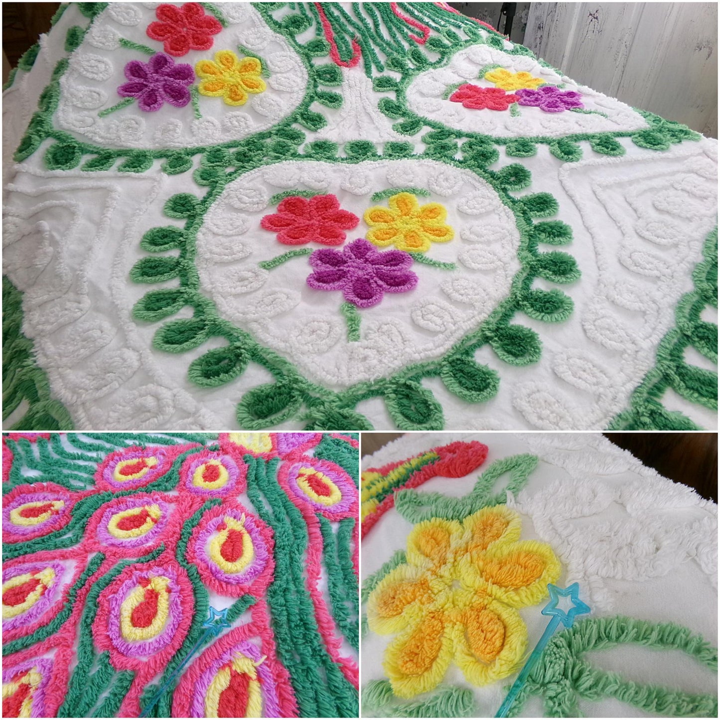 Peacock Vintage Chenille Bedspread, Full Sz Pink & Green Lovebirds, Rainbow Hearts