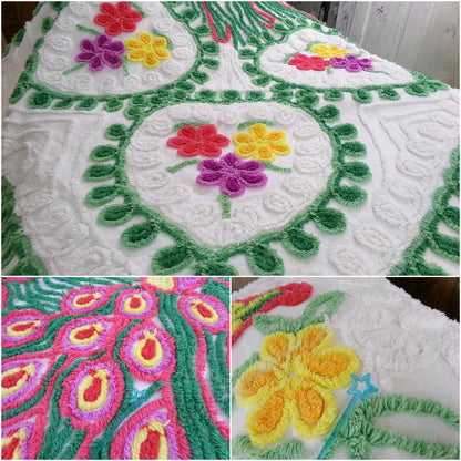 Peacock Vintage Chenille Bedspread, Full Sz Pink & Green Lovebirds, Rainbow Hearts