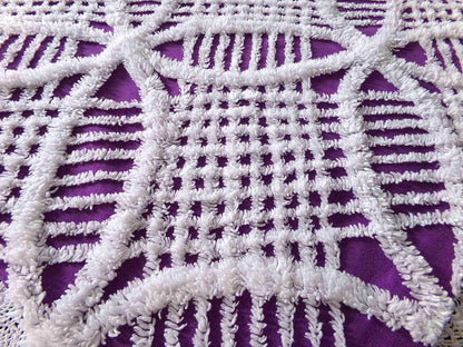 Vintage Chenille Fabric, 21" x 20" inch Piece, Snow White Geometric Design on Grape Purple