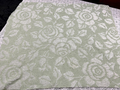 Vintage Sage Green Chenille Fabric, White Cabbage Rose 25x30" Pc
