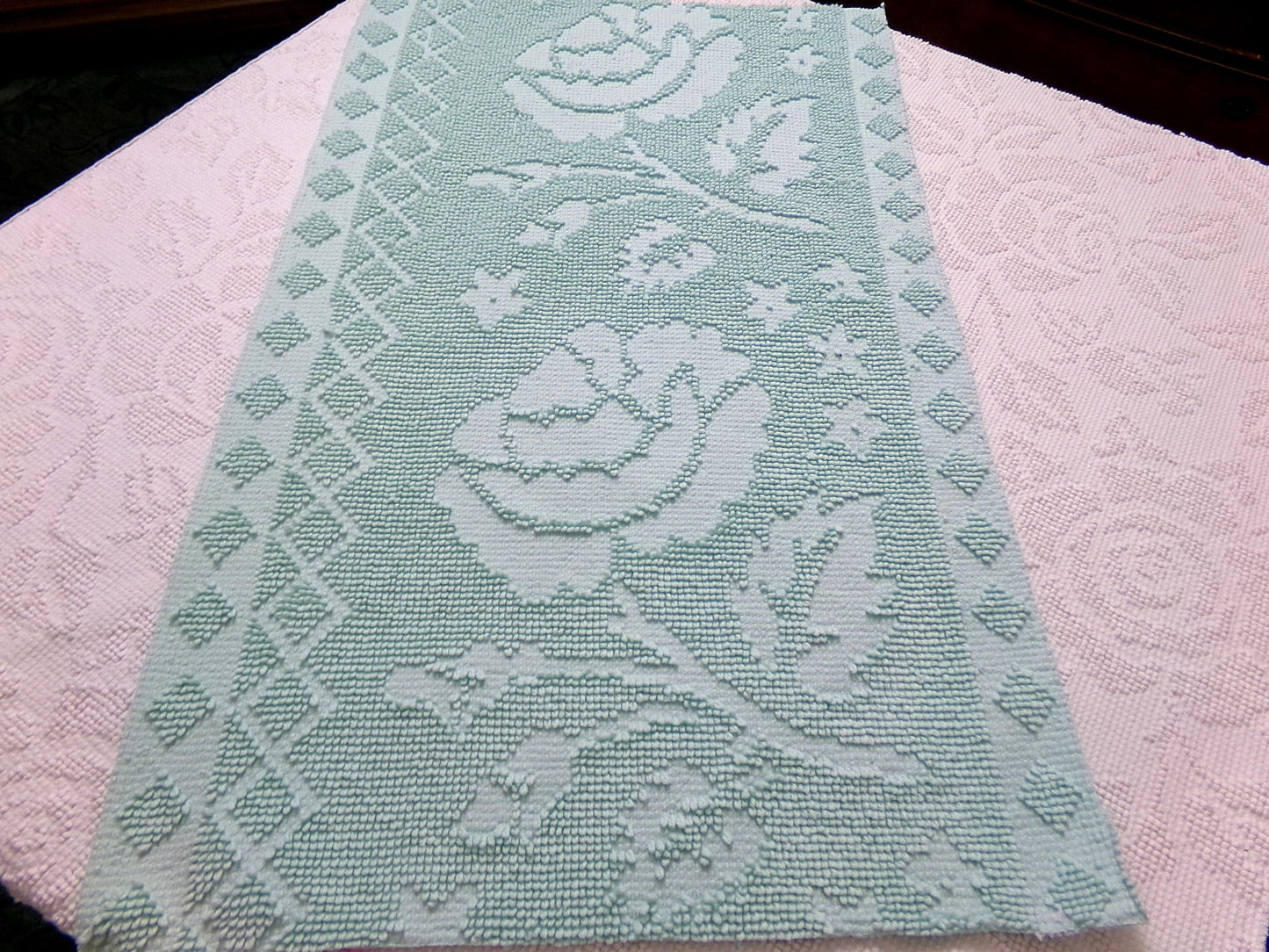 Vintage Hobnail Chenille Fabric Reversible Rose Aqua Ghost Shadow Shabby Mood 17"x27"