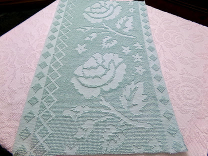 Vintage Hobnail Chenille Fabric Reversible Rose Aqua Ghost Shadow Shabby Mood 17"x27"