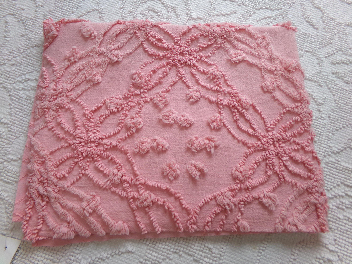 bubblegum pink vintage chenille bedspread fabric, geometric design, 18" x 24"