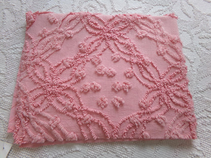 bubblegum pink vintage chenille bedspread fabric, geometric design, 18" x 24"