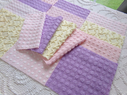 fairy magic 6" vintage chenille fabric squares, set of 16 pink, yellow & lavender quilt blocks for quilting, sewing, crafts
