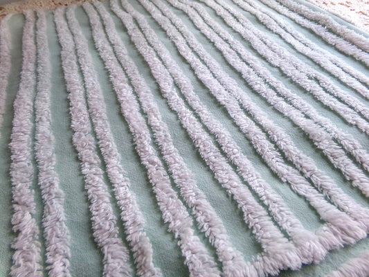 mint green & white striped chenille fabric, tufted stripes on vintage cotton, 16" x 27" inch cut piece, for sewing, craft projects