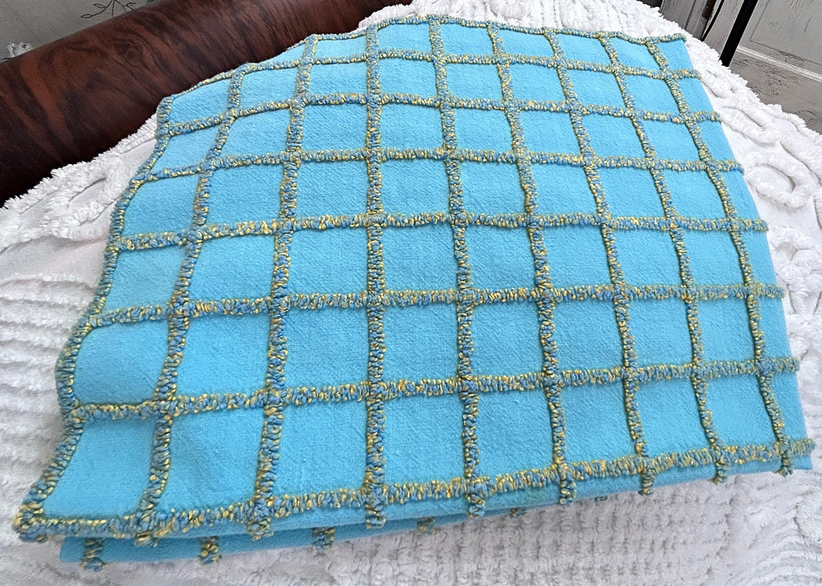 Sporty Squares Vintage Chenille Bedspread Fabric, Aqua Gold Windowpane Grid 19x23"