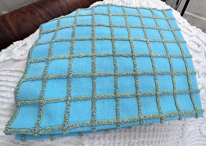 Sporty Squares Vintage Chenille Bedspread Fabric, Aqua Gold Windowpane Grid 19x23"