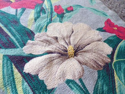 Vintage Botanical Barkcloth Fabric Piece, Salvaged MCM Tropical Hibiscus Print, 18" x 28" for upcycle, sewing, crafts