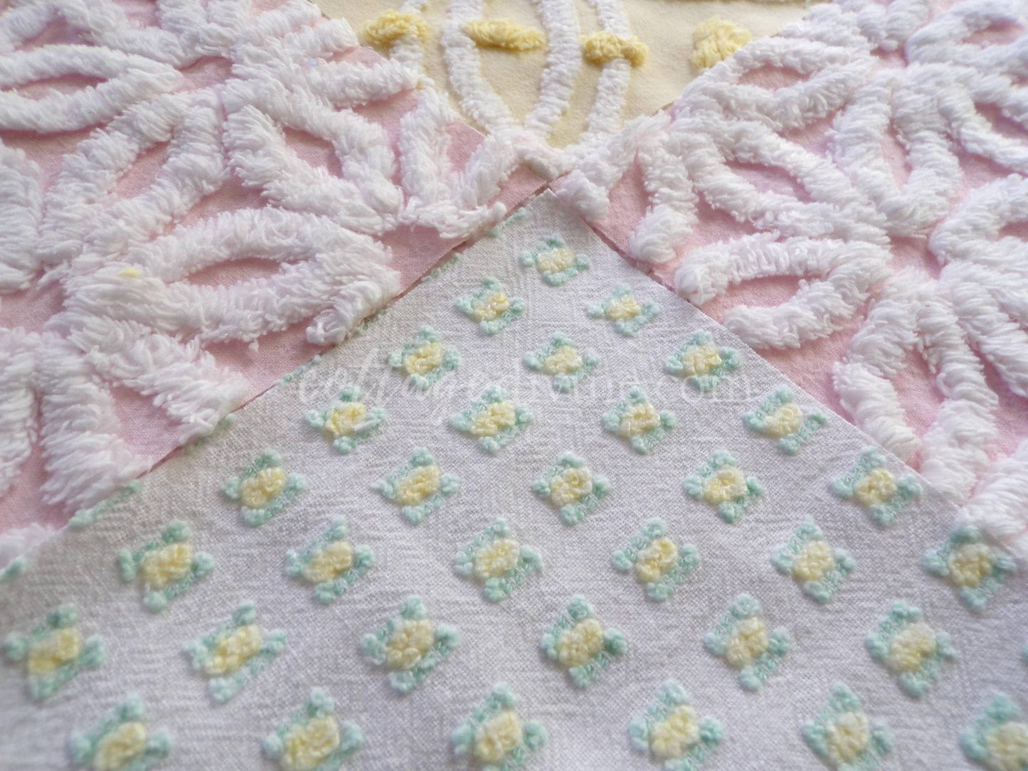 Vintage Chenille Fabric Squares: Springtime Pink & Yellow Set of 16 Quilt Blocks, 6" each