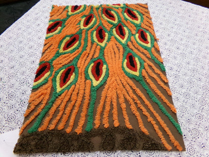 peacock feathers vintage chenille bedspread fabric boho exotic plumes brown orange 14.5x19.5"