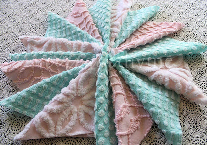 pink & aqua chenille fabric squares, set of quilt blocks cut from vintage chenille bedspreads, set of 16, 6" x 6" each for sewing, crafts