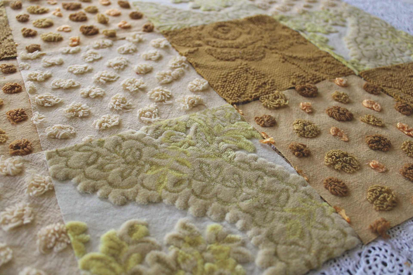 Chenille & Velvet Quilt Squares Set, "Hippie Mama", from Vintage Bedspread Fabric, 16 Blocks, 6" x 6" inches each, Earthtones