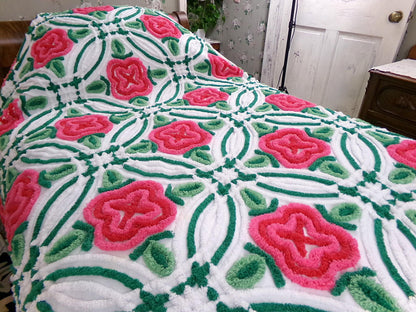 Shabby Rose Vintage Chenille Bedspread Tufted White Full Size 100% Cotton Bedding