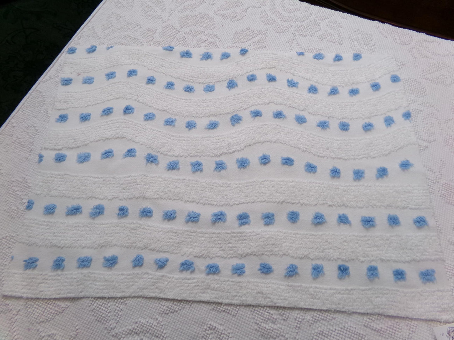 Vintage Chenille Fabric Piece, Shabby Lightweight Blue & White Wave Dots, 16" x 23"