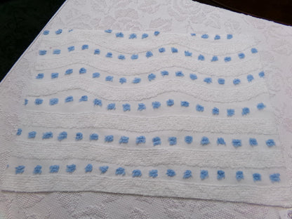 Vintage Chenille Fabric Piece, Shabby Lightweight Blue & White Wave Dots, 16" x 23"