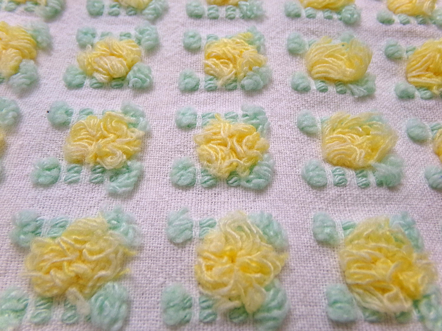 yellow rosebud vintage chenille fabric, lemon tufted rose sewing quilt material 18x24"