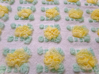 yellow rosebud vintage chenille fabric, lemon tufted rose sewing quilt material 18x24"
