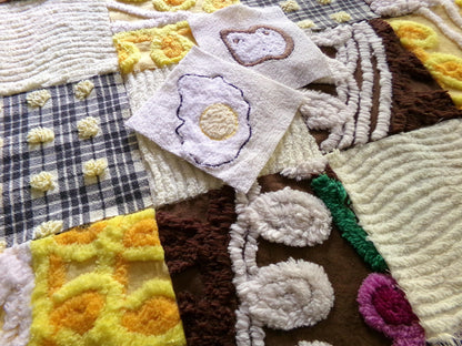 retro diner vintage 6" chenille squares, set of 16 novelty quilt blocks cut from vintage chenille bedspread fabrics, breakfast eggs & toast