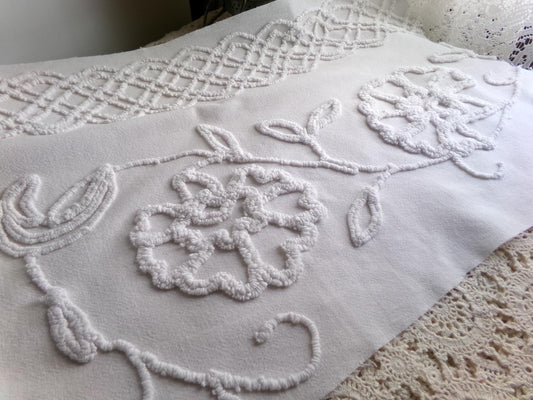 sophisticated white floral vintage chenille fabric, cotton sewing material, 15" x 27" inch piece for crafts & quilting