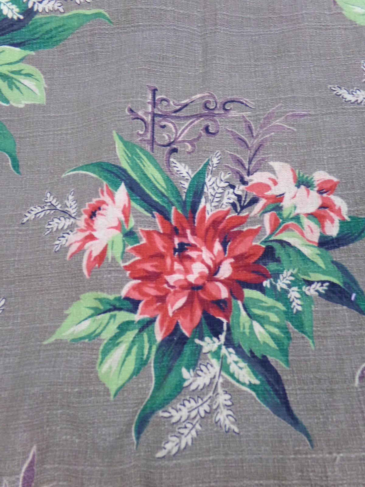 Vintage Barkcloth Drape Panel, SINGLE Wide Window Curtain, Hidden Garden Fabric, 59"L Pinch Pleat
