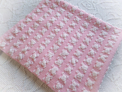 Carnation Pink White Rosebud Vintage Chenille Fabric, Soft Ombre Variations 18" x 25"