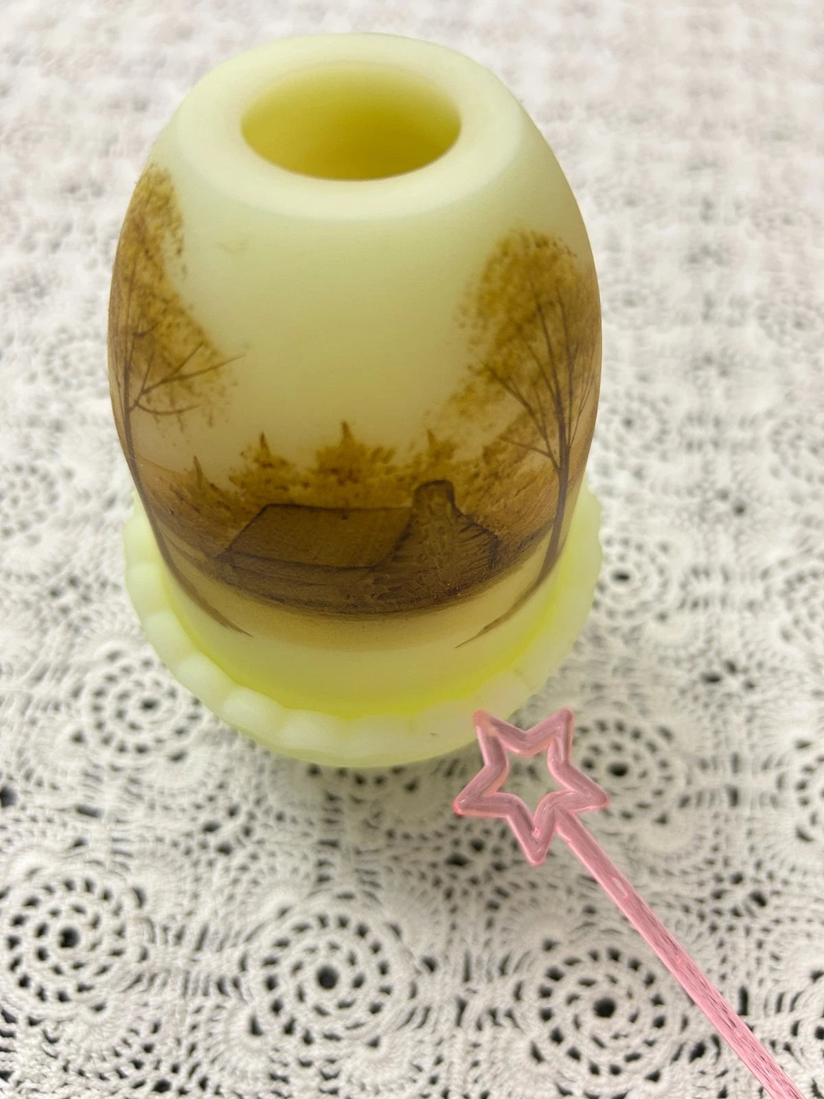 Vintage Fenton Fairy Lamp Secluded Log Cabin Country Hand Painted Artist Signed