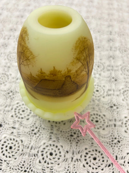 Vintage Fenton Fairy Lamp Secluded Log Cabin Country Hand Painted Artist Signed