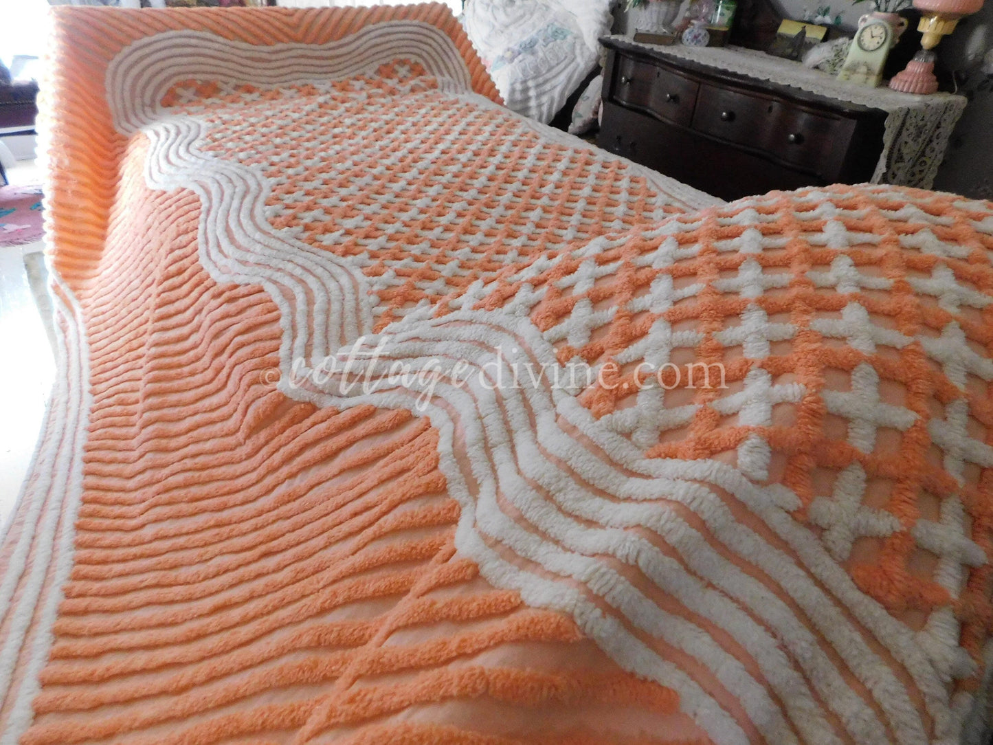 Peach Creamsicle Vintage Chenille Bedspread, 100% Plush Cotton, Twin Size Cotton Bedding