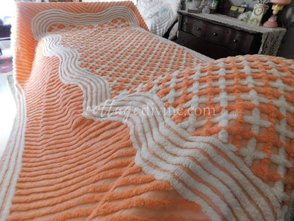 Peach Creamsicle Vintage Chenille Bedspread, 100% Plush Cotton, Twin Size Cotton Bedding