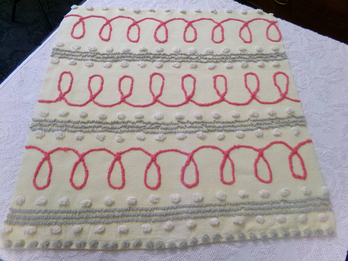 red doodles vintage chenille bedspread fabric, unique quilt & sewing material, 24" x 24" piece