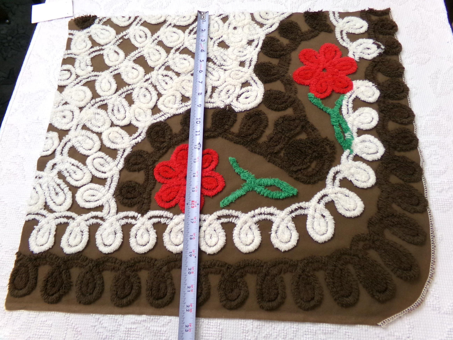 Chocolate Brown Vintage Chenille Bedspread Fabric, cherry red flowers & white swirls sewing material, 20" x 24"