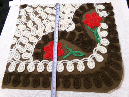 Chocolate Brown Vintage Chenille Bedspread Fabric, cherry red flowers & white swirls sewing material, 20" x 24"