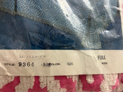Rose Pink Vintage Chenille Bedspread White Geometric Wedding Rings, FULL Size NOS