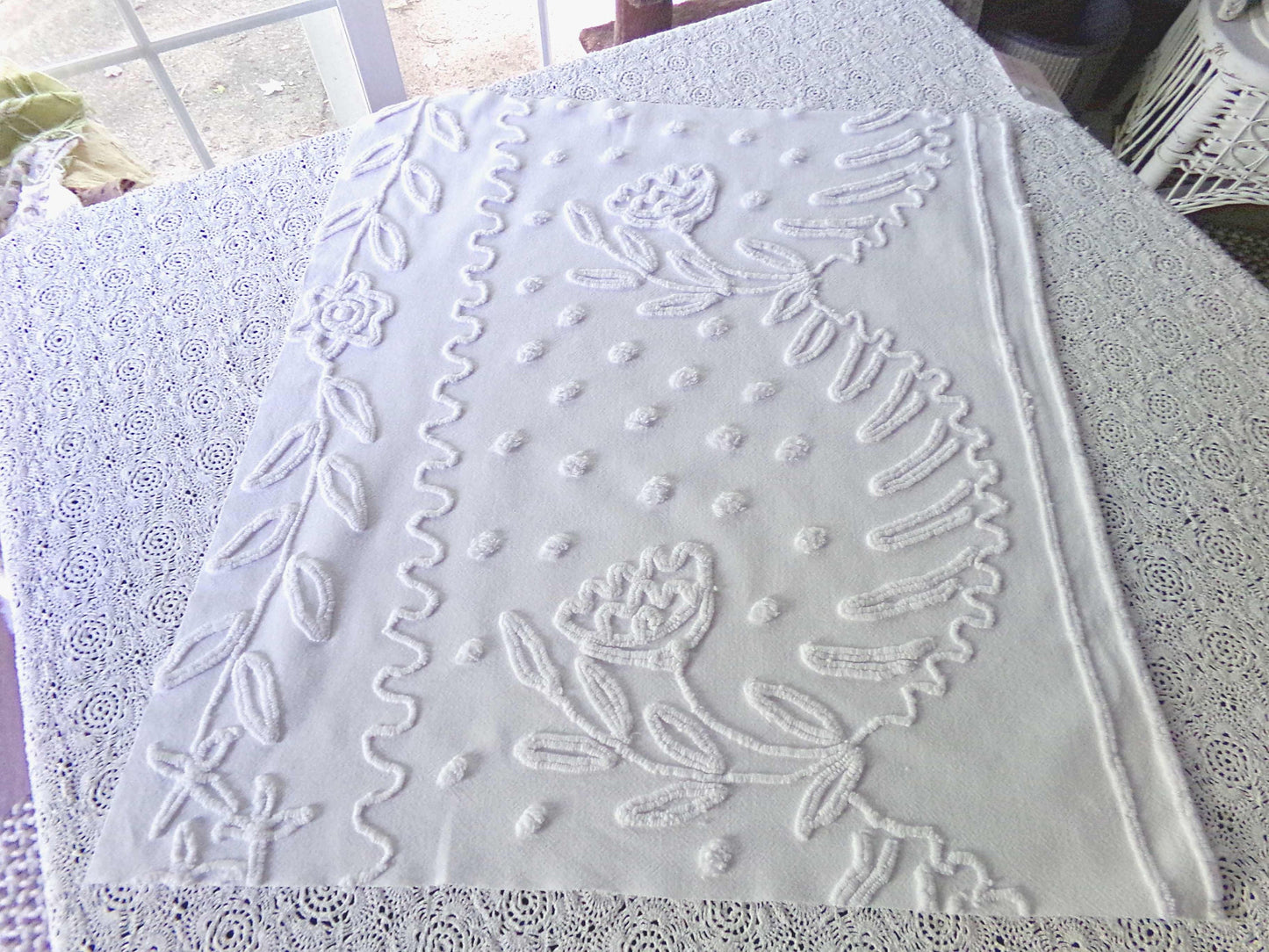 Elegant White Vintage Chenille Fabric, 20" x 23" inch Piece of Sewing Material for Quilts & Crafts