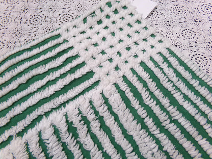 Evergreen & Snow White Vintage Chenille Bedspread Fabric, Geometric Stripes 15" x 27" piece