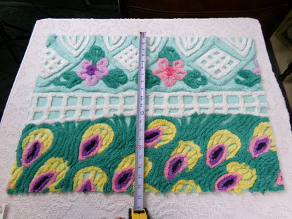 vintage seafoam chenille bedspread fabric, plush peacock feathers & tropical florals, 19" x 26" piece