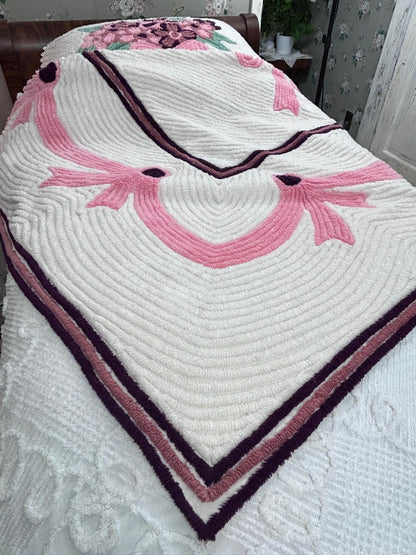 Heirloom Vintage Chenille Bedspread, Plush Full Floral Bouquet & Bow Swag Design