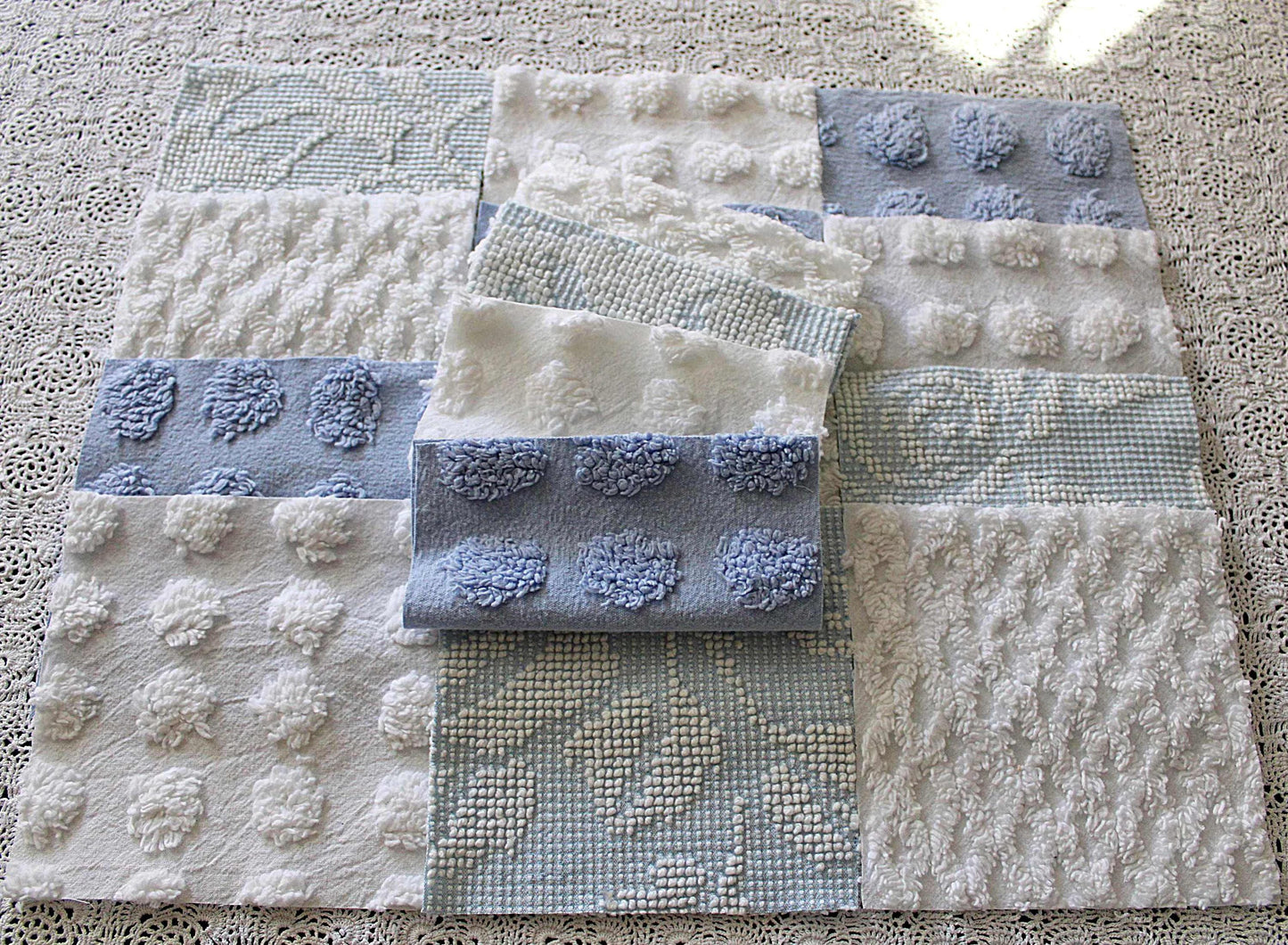 vintage chenille fabric squares, set of 16 coastal blue & white 6" quilt blocks for patchwork pillows, quilting, crafts