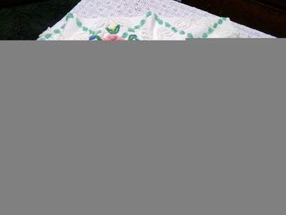 vintage chenille bedspread fabric cottage style pink rose jade green pops 26x22"