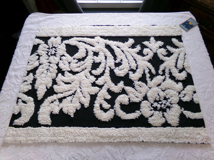 Gothic Black Cream Rose Vintage Chenille Fabric, 20" x 25" Inch Piece, Beautiful Material for Pillows