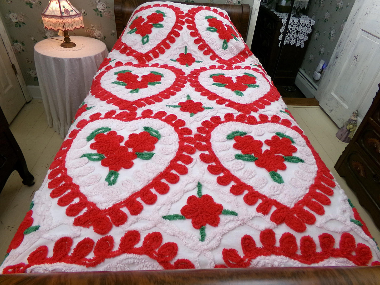 Vintage Chenille Bedspread - Red & White Hearts - Romantic Shabby Chic Cottage Decor - Full Size Bedding