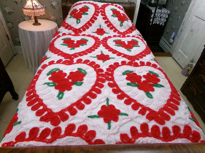 Vintage Chenille Bedspread - Red & White Hearts - Romantic Shabby Chic Cottage Decor - Full Size Bedding