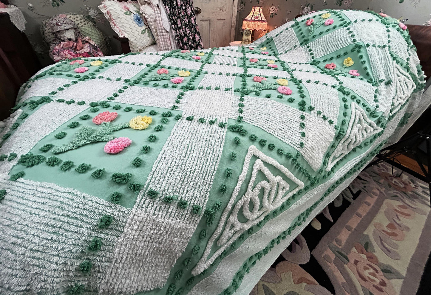 Mint Green Floral Vintage Chenille Bedspread, Cottage Garden Trellis Flowers, Full