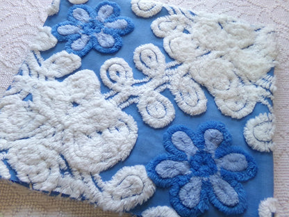 blueberry blossoms vintage chenille fabric, thickly tufted white curlicues & blue rose florals, 27" x 24" cut piece of sewing craft material